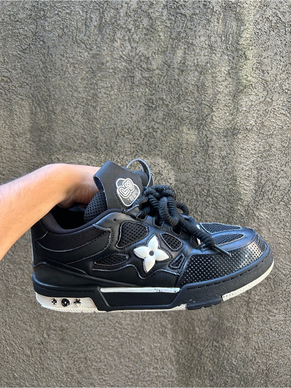 Louis Vuitton Black Kids Sneakers with White Flower Accent